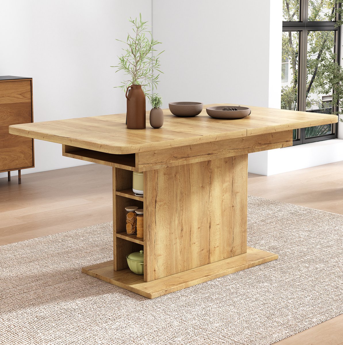 MEUNIQ Uitschuifbare eettafel 130 x 75 x 75 cm, rechthoekig, met opbergruimte, modern en naturel voor eetkamer en dagelijks gebruik