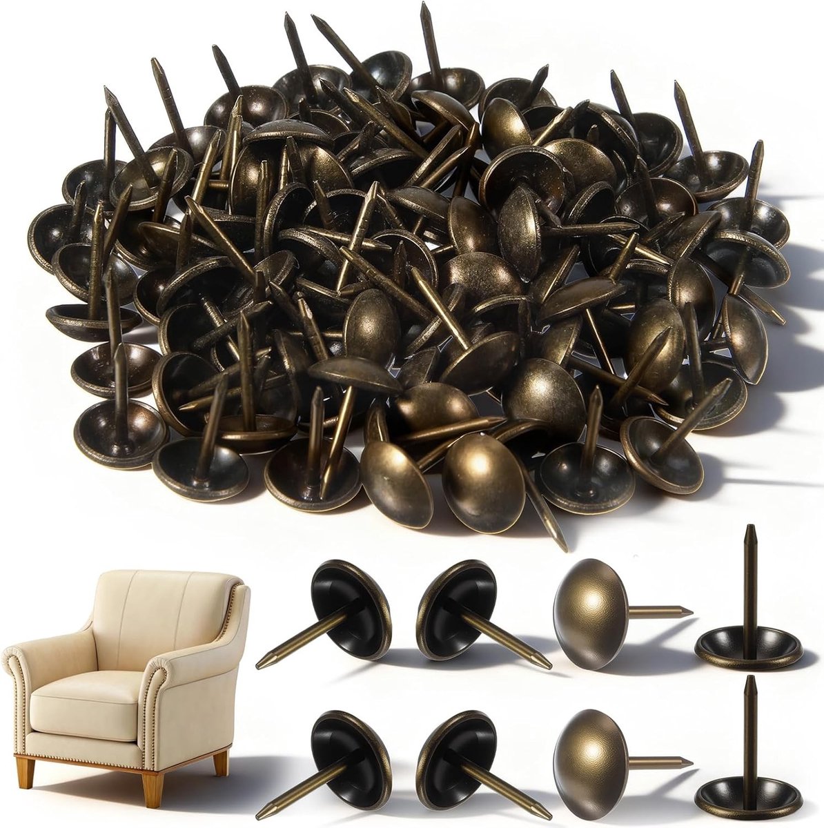 100 Stuks Meubelspijkers voor Stoffering, Vintage Messing Spijkers 7/16 Inch Decoratieve Duimspijkers voor Bank, Stoel, Bed en Interieurdecoratie