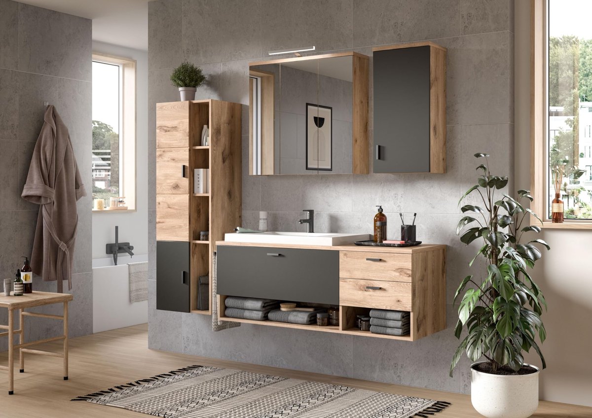 SnelShoppen - Badkamer Spiegelkast Grado X2FB8725 80x75x20 cm met Groot Spiegeloppervlak en Nox Oak Afwerking - Perfect voor Jouw Badkamer