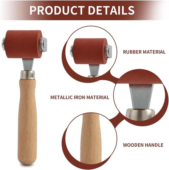 Productdetails van een rode rol met houten handvat, met vergrotingen van het rubber, metaal en hout.