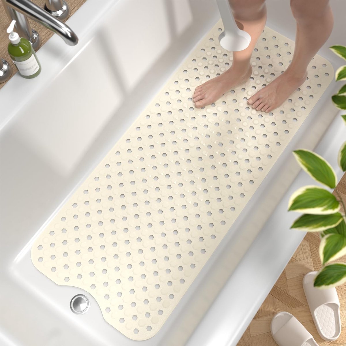 SnelShoppen - Badmat Diamond rechthoekig 101 x 40 cm zandkleurig - Luxe badmat, antislip, zacht materiaal voor badkamer, douche, en wellness