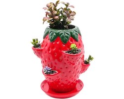 VHV - Aardbeienpot - Verticale tuin - Stapelbare bloempot - Plantenbak - Met onderschotel - Terracotta kleur - Voor balkon, terras en tuin - Binnen en buiten - 18.5*15.5*15.5CM - Rode aardbeistijl
