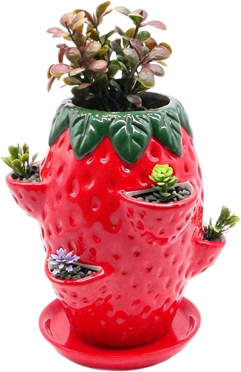 VHV - Aardbeienpot - Verticale tuin - Stapelbare bloempot - Plantenbak - Met onderschotel - Terracotta kleur - Voor balkon, terras en tuin - Binnen en buiten - 18.5*15.5*15.5CM - Rode aardbeistijl