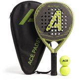Groen Ace Padel Nexo Apex racket met carbonlook, ruitjespatroon en grote gele 'A'. Met racketas en 2 ballen.