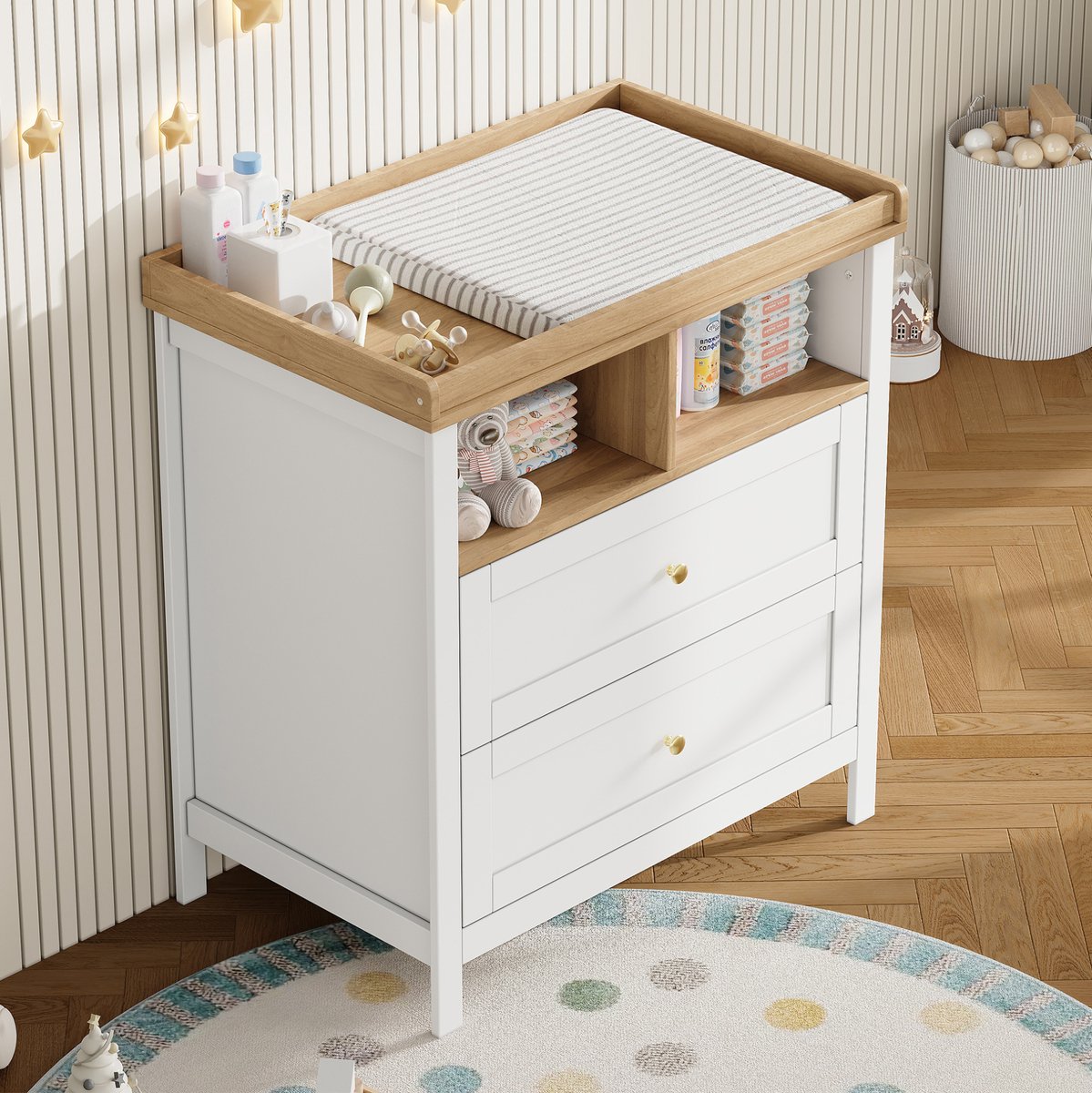 MODENUIT Commode – Met Afneembaar Verschoonopzetstuk – 82 x 50 x 90 cm – MDF – Wit/Naturel – 2 Laden en Vak