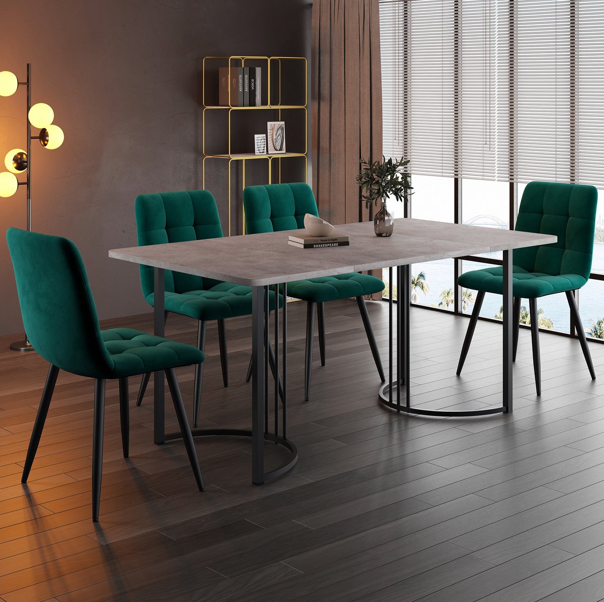 MEUNIQ 5-delige eettafelset met 4 fluwelen stoelen en tafel 140 x 80 cm, grijze tafel met marmerlook en zwarte metalen poten voor eetkamer of keuken