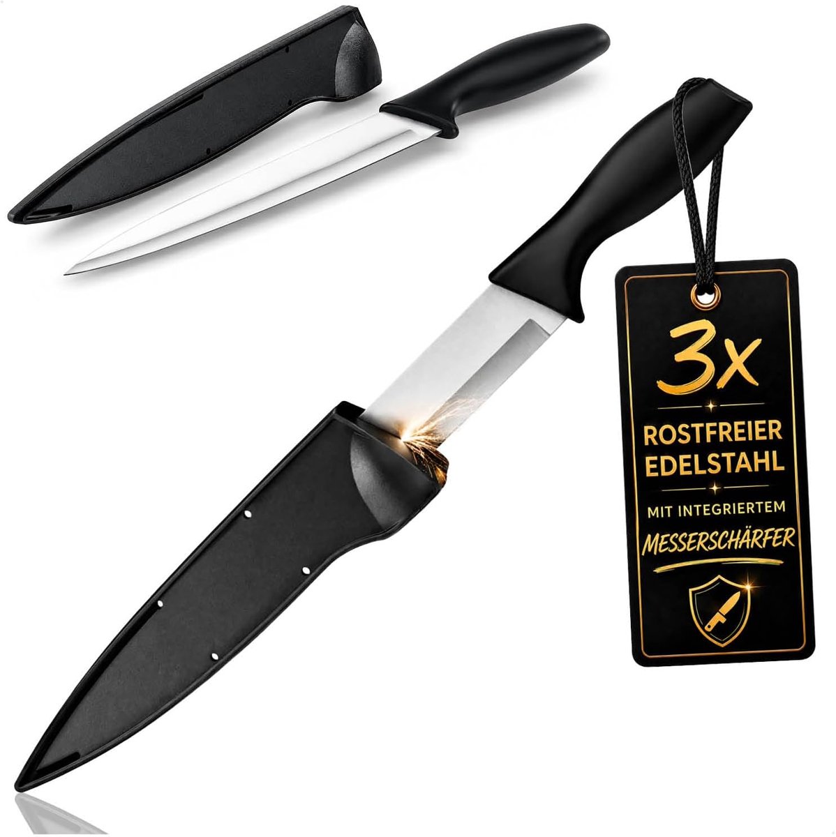 com-four® 3 universeel mes met beschermhoes – allround mes van roestvrij staal met geïntegreerde slijper – keuken en - ShopVlot