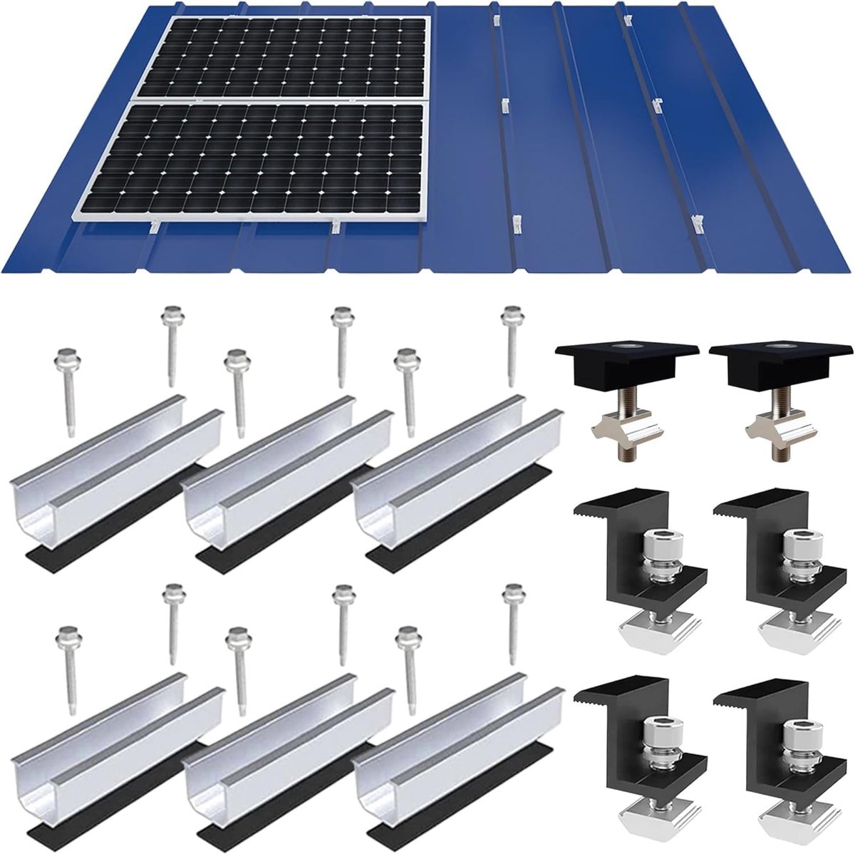 SnelShoppen - Verstelbare Zonnepaneel Houder Set, Plat Dak Montage Kit met 12cm Aluminium Rails, Zwarte Metalen Steunen, Compleet Montagesysteem voor