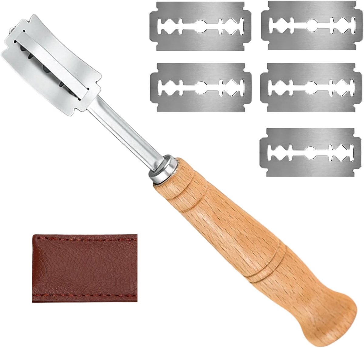 SnelShoppen - Baker's Knife Set met 5 Broodmessen, Ergonomisch Houten Handvat, Inclusief Faux Leren Beschermhoes voor Baguettes en Brood, Keuken Acces