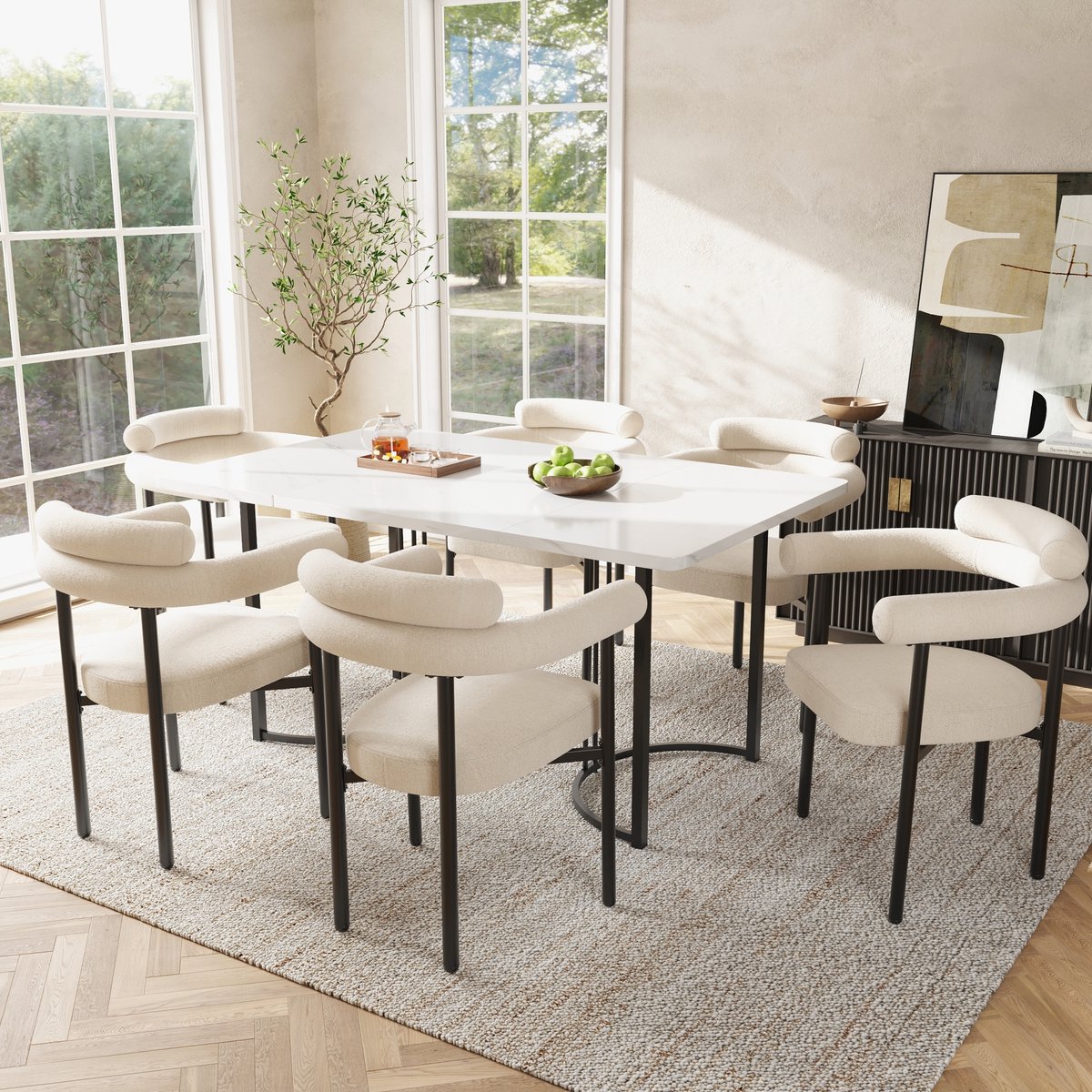 MEUNIQ Set tafel en stoelen 7-delig met eettafel 140 x 80 x 75 cm, 6 gestoffeerde stoelen, metalen tafelpoten, modern voor eetkamer of keuken, beige wit zwart
