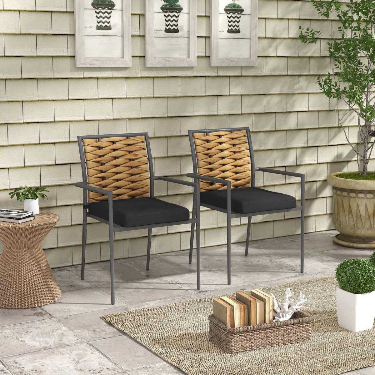 MODENUIT Fauteuil - Set van 2 - Stapelbaar met Kussen en Armleuningen - Voor Tuin en Terras - Staal - Zwart
