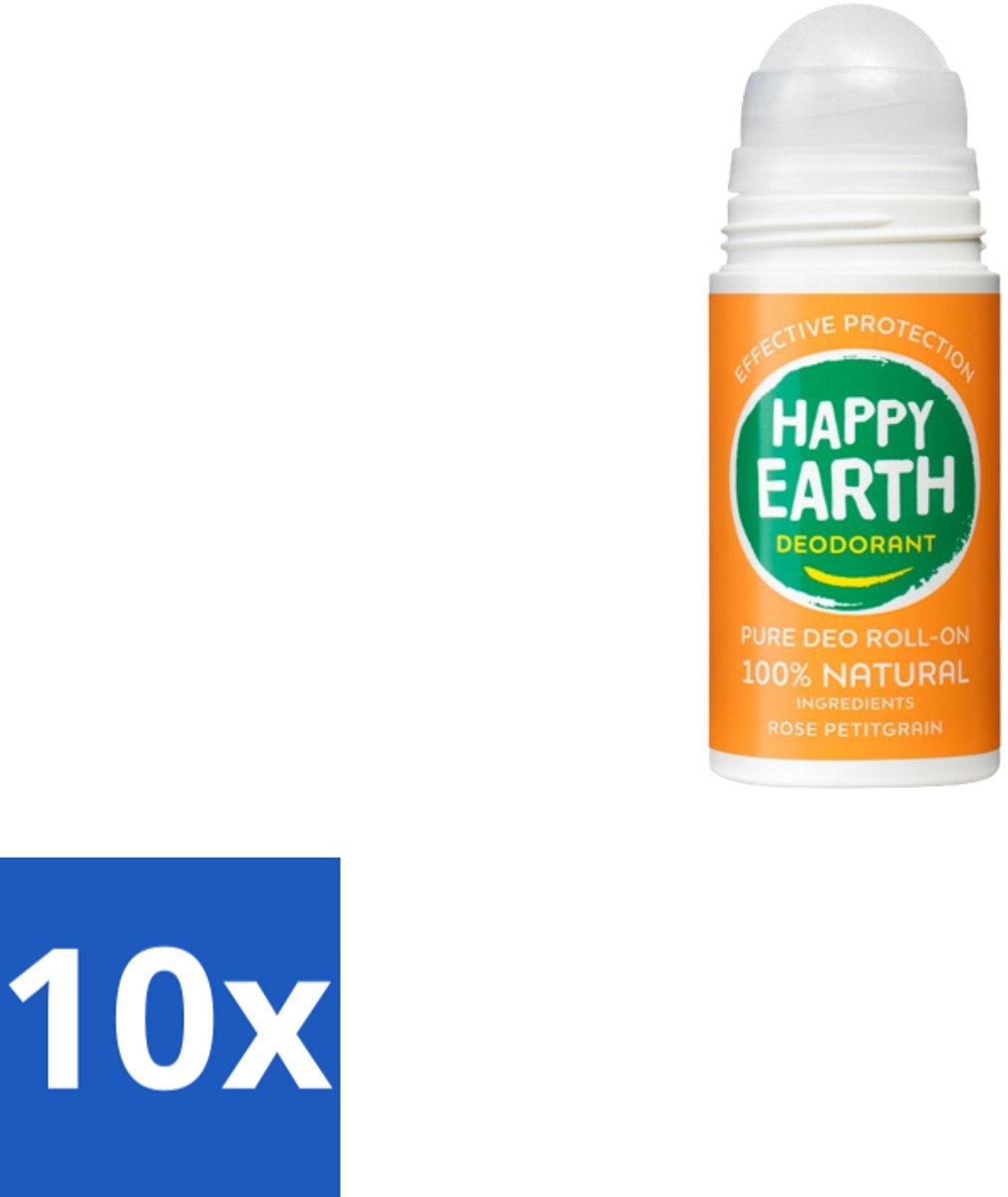 Happy Earth – Deodorant Roll-On – 100% Natuurlijk Rose Petitgrain – 75 ml - Bulkverpakking - 10 stuks
