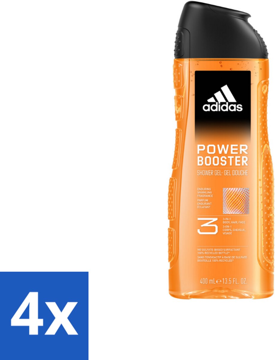 4 x Adidas Shower Gel Power Booster 250 ml - Douchegel - 3-in-1 - Lichaam - Gezicht - Haar