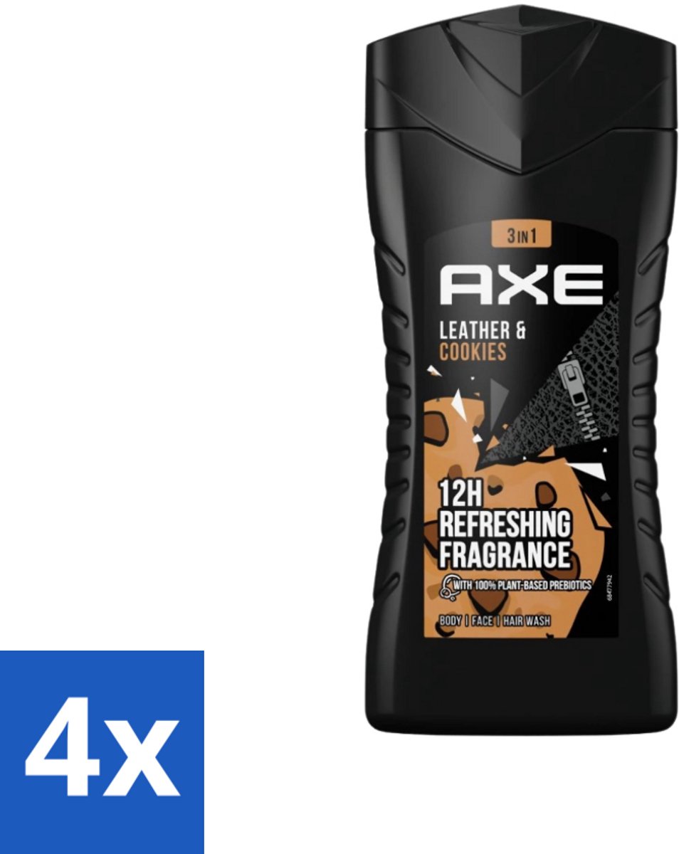 4 x Axe - 3-in-1 Douchegel - Leather & Cookies - 100% Plantaardig - 250 ml - Douchegel - Geur - Lichaam - Gezicht - Haar