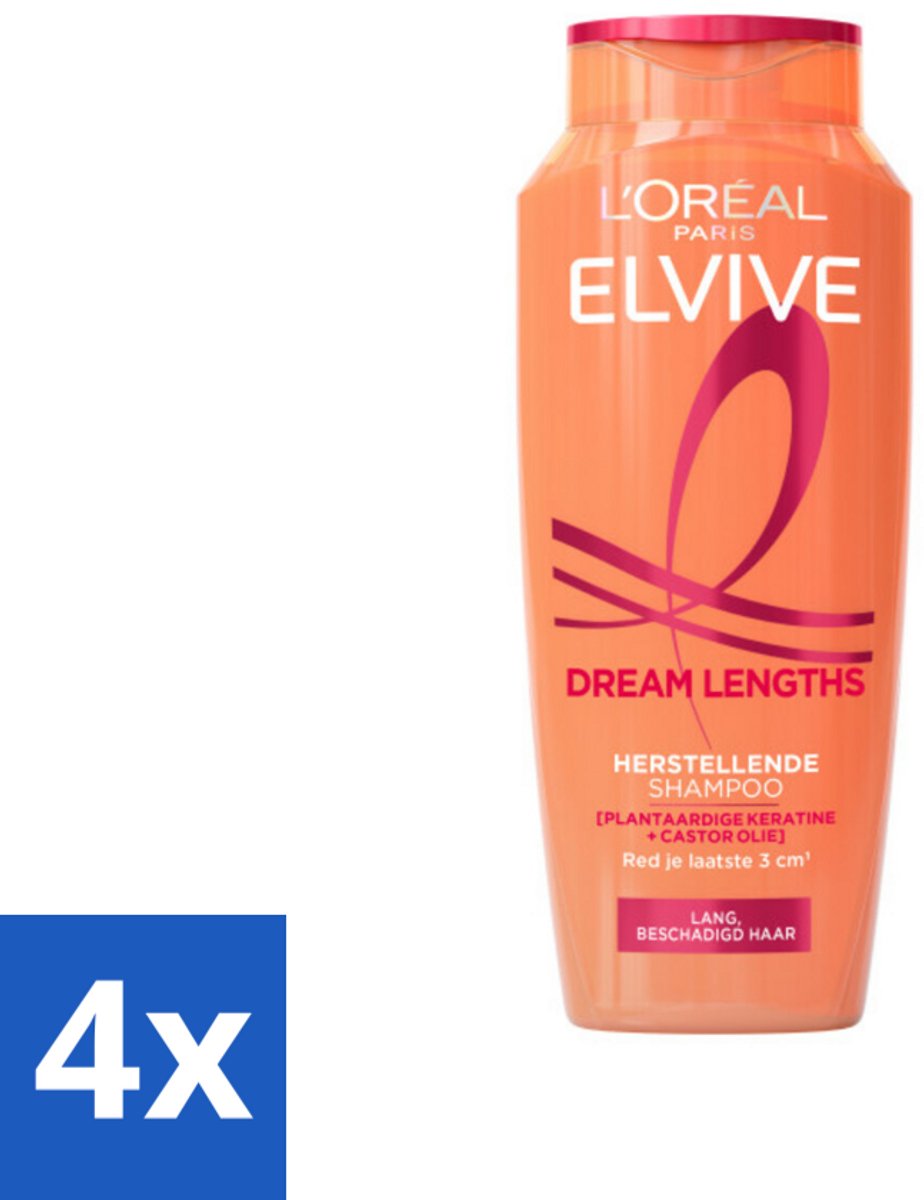 4 x L'Oréal Elvive Dream Lengths Shampoo 250 ml - Lang Haar - Beschadigd Haar - Herstel Shampoo - Keratine Shampoo - Castorolie Shampoo