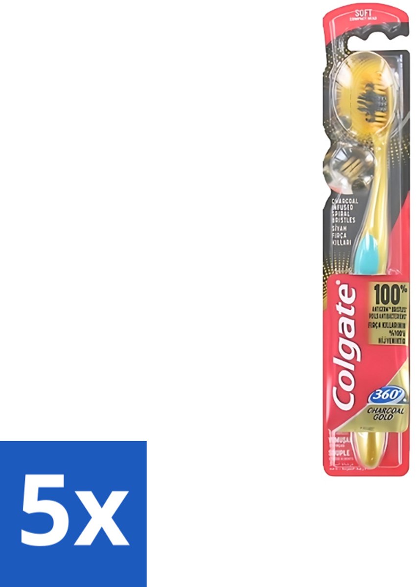 5 x Colgate - Tandenborstel - 360 Charcoal Gold Soft - Zwart/Goud - 1 Tandenborstel - Tandenborstel - Houtskool - Tanden Reinigen - Tanden Witter Maken - Tandenborstel Zacht