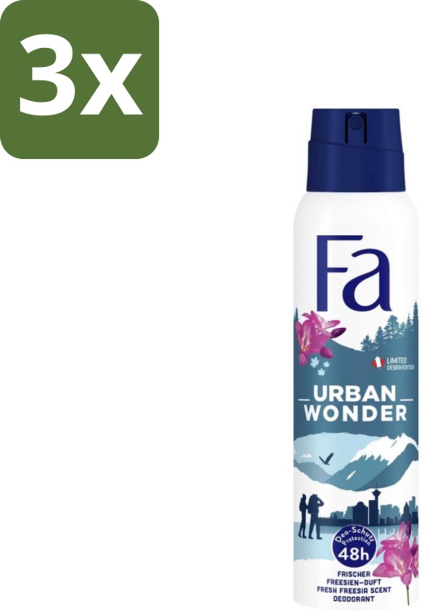 3 x Fa - Deodorant Spray - Urban Wonder - Aardbei - 48 uur Bescherming - 150 ml - Deodorant Spray - Aardbei Geur - 48 Uur Bescherming - Huidvriendelijk - Geurveroorzakende Bacteriën