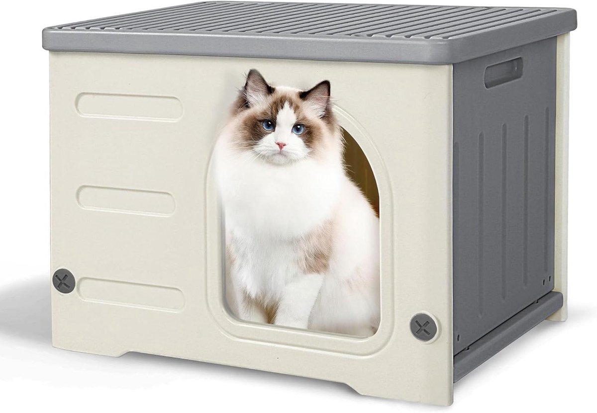 Kattenhuis Buiten - Huisdier Verblijf - Bescherming Buiten - Weerbestendig Plastic - 53 x 41 x 38 cm - Grijs