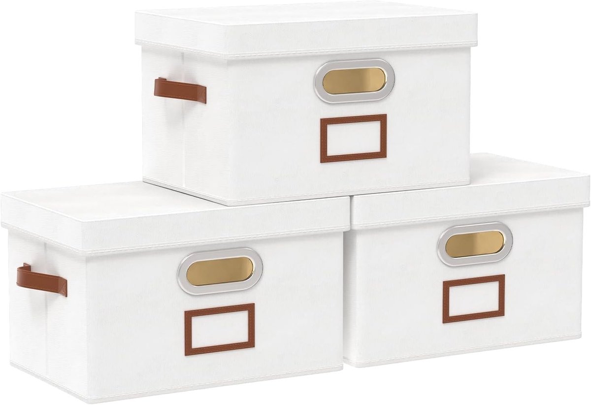 Opbergdozen met Deksel, Vouwbare Opbergmanden voor Planken, Organiser voor Thuis en Kantoor, 32 x 23 x 20 cm, Wit, 3 Stuks, Ideaal voor Ruimtebesparing en Orde
