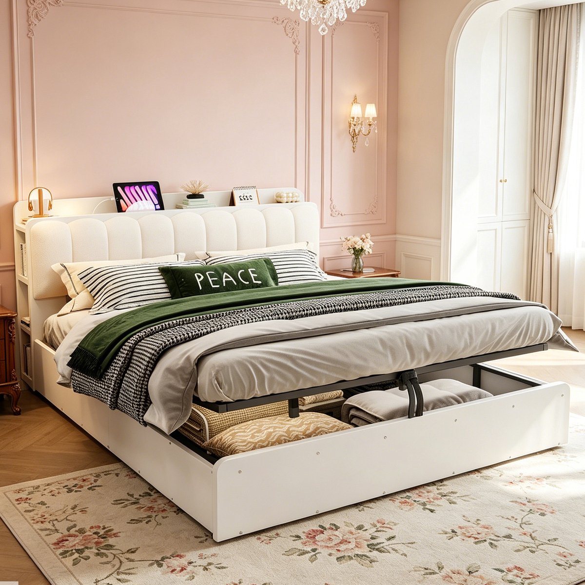 Gepolsterd Bed 180x200 cm - Met Opbergruimte - Met USB-aansluiting - Met Hoofdeinde - Wit