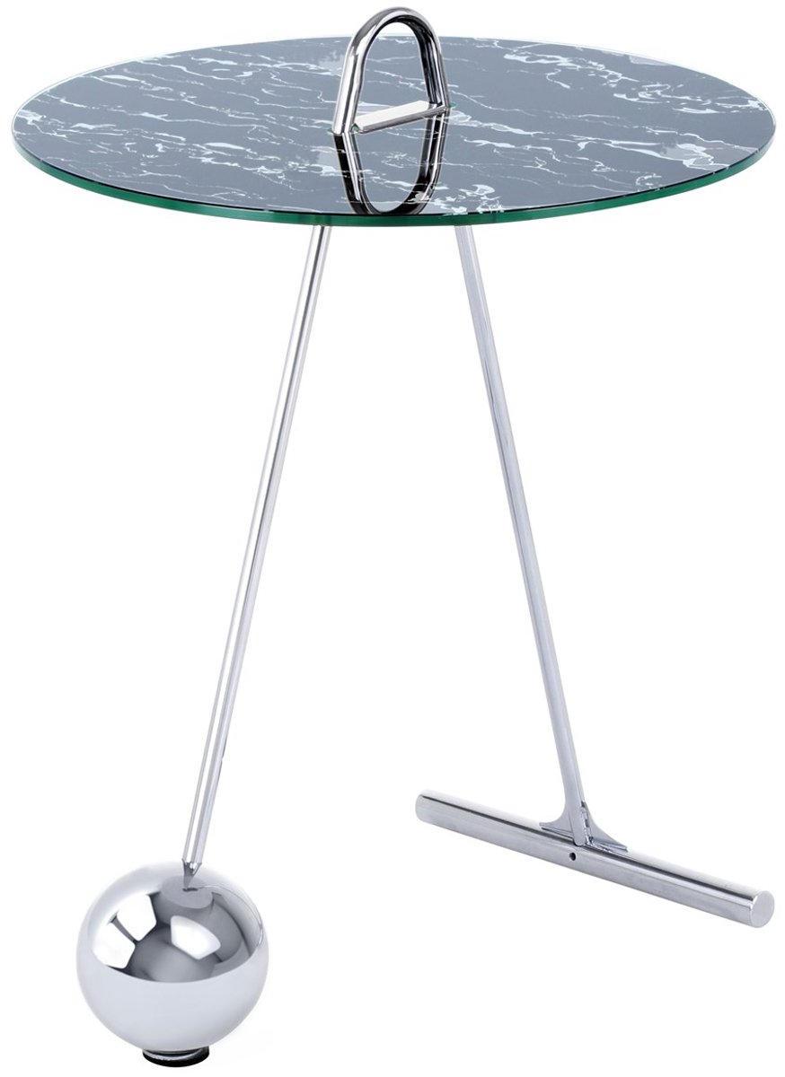 Padiro ronde bijzettafel Ø 46 x 60 cm - zilver en zwart - Modern Art-Déco Glamour Look - met marmerenpatroon - glazen tafelblad - stalen onderstel