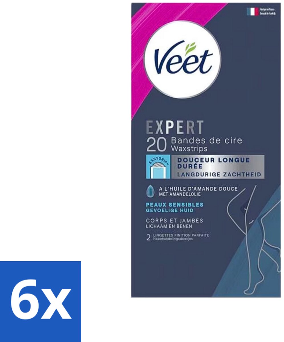6 x Veet Expertn - Ontharingsstrips - Lichaam & benen - Normale huid - 20 Strips - Veet Ontharingsstrips - Ontharen Benen - Ontharen Lichaam - Ontharingsstrips Normale Huid - Ontharingsstrips Amandelolie