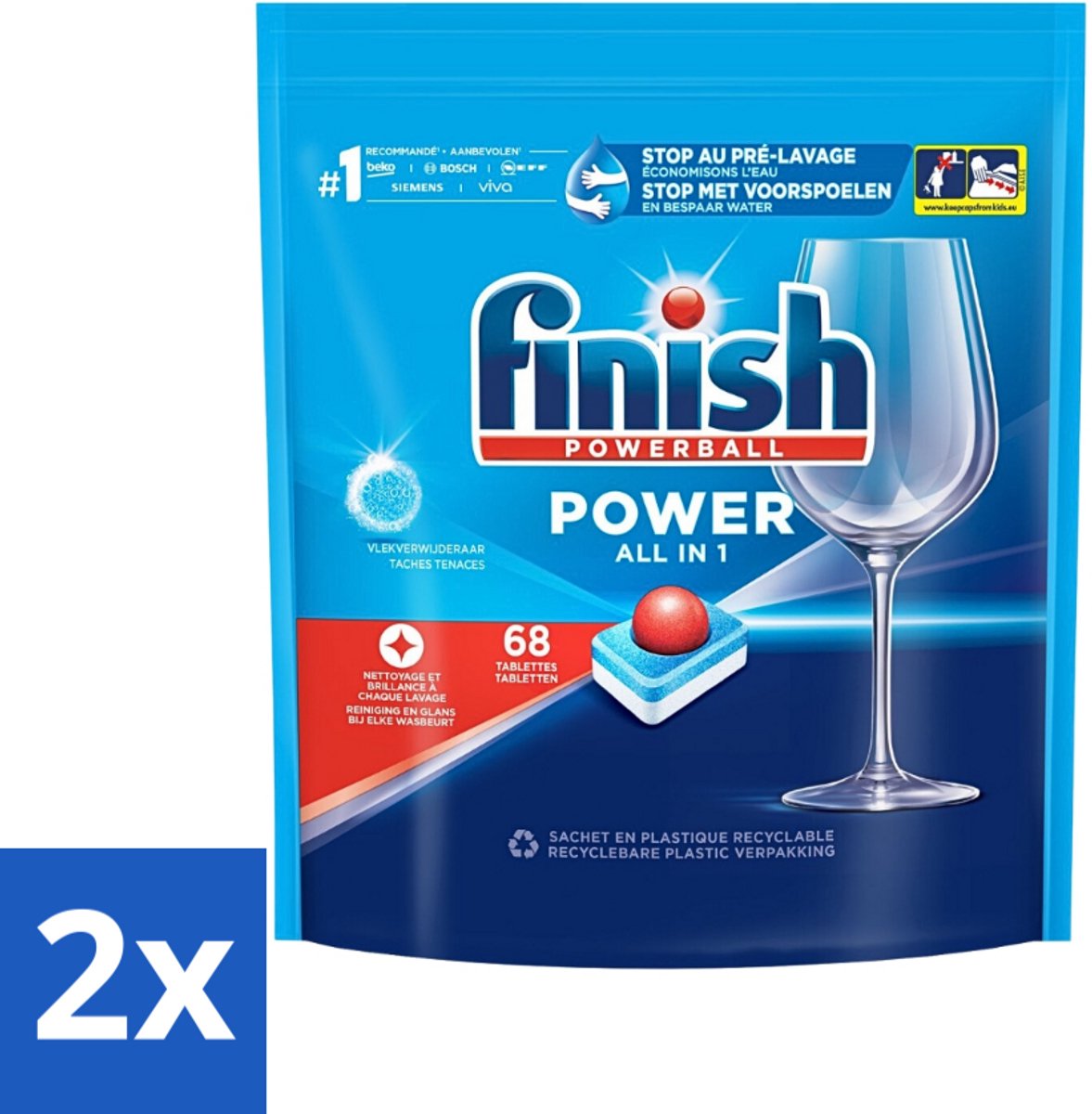 2 x Finish Powerball - Power All in 1 - Vaatwastabletten - Reiniging & Glans - 68 Tabletten - Vaatwastabletten - Vaatwassertabletten - Diepe Reiniging - Vlekken Verwijderen - Glanzend Resultaat