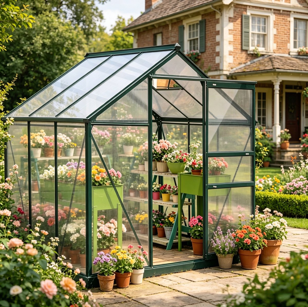 OKWISH Tuinkas 190 x 192 x 201 cm – Stevig Aluminium Frame Met Schuifdeur En Dakraam – Voor Moestuin En Kweekhoek – Polycarbonaat – Donkergroen Transparant