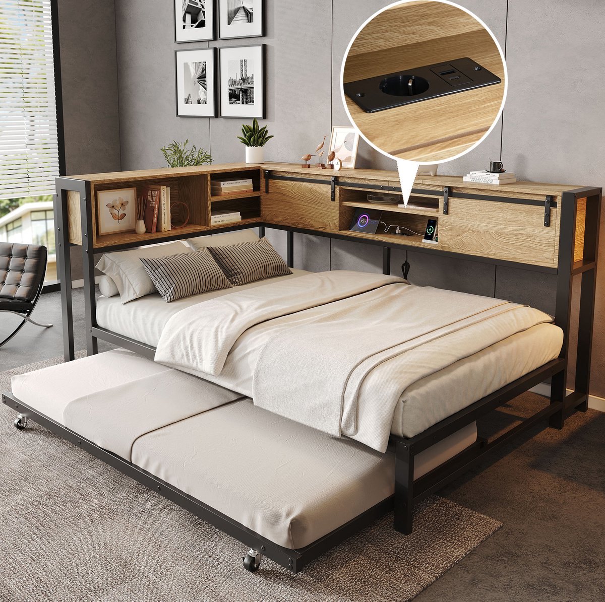 COVREO Bed 120x200 cm zwart-natuur, metaal en MDF, met uitrolbed en laadfunctie