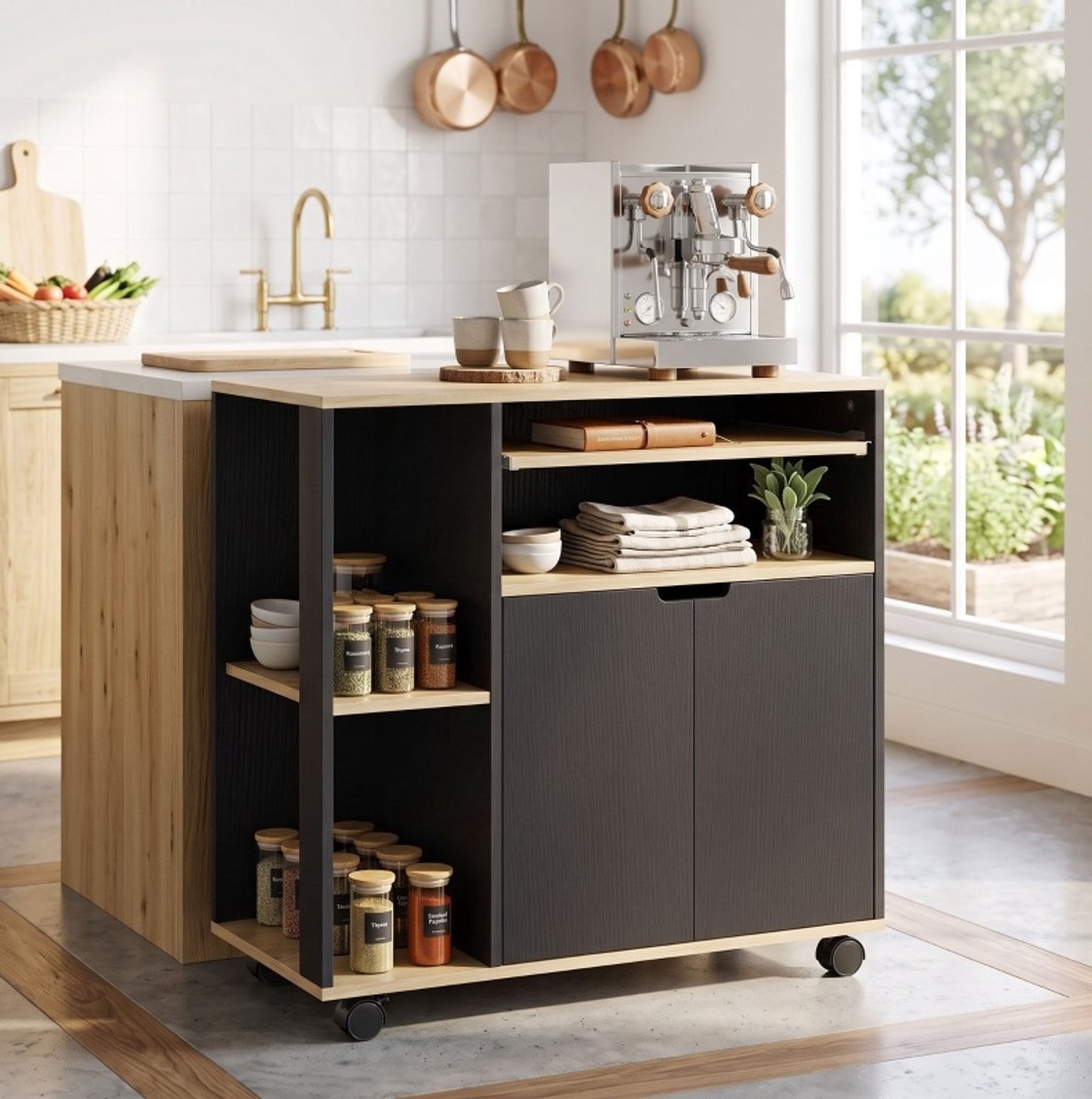 OKWISH Keukenwagen Met Opbergruimte 80 X 40 X 82 Cm Met Verstelbare Planken Wielen En Dubbele Deuren Zwart