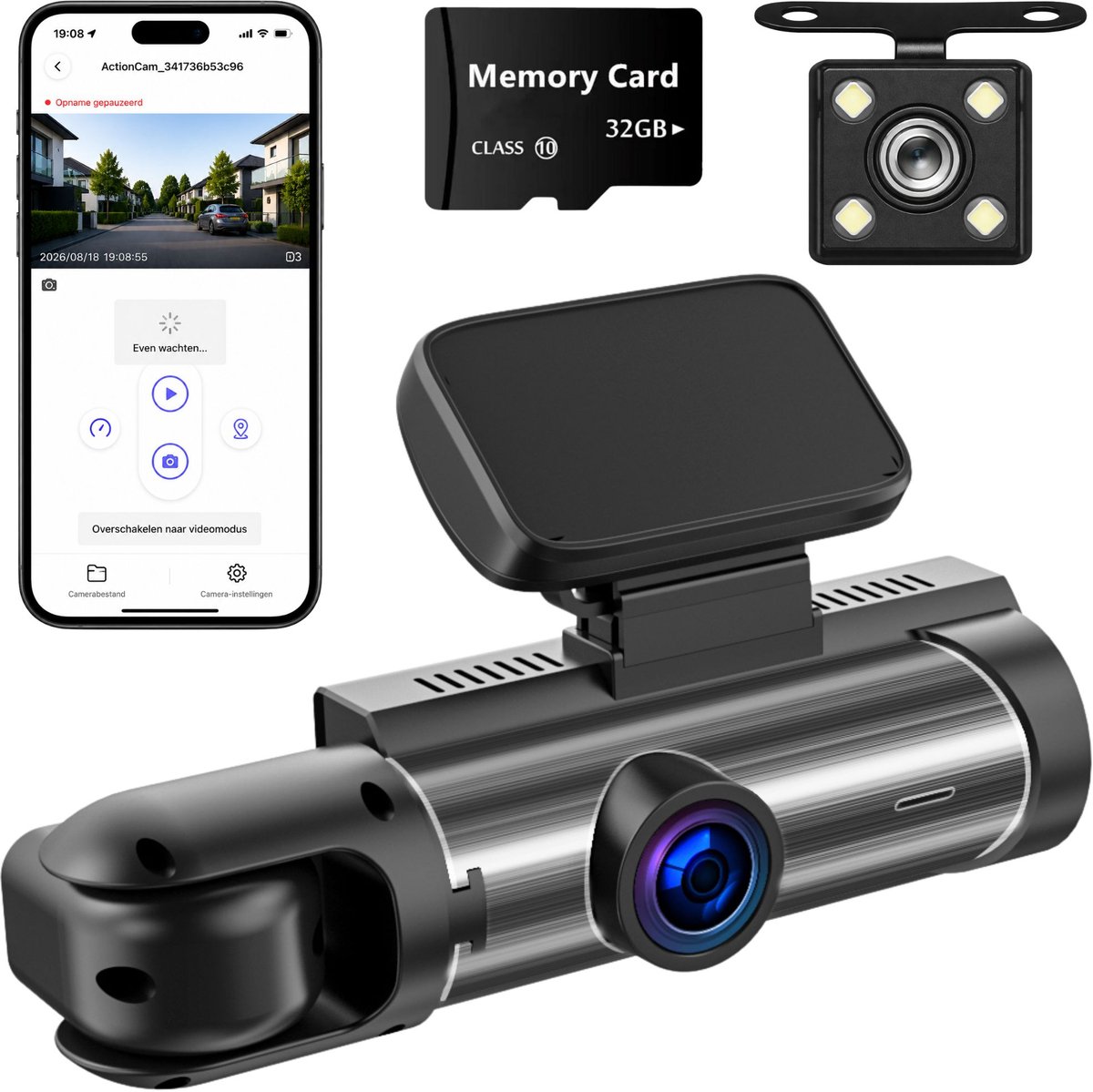 ADEL Dashcam voor Auto met 3 Camera’s, 1080P Full HD & Nachtzicht - WiFi & App - Voor, Binnen & Achter Camera - Incl. 32GB SD Kaart & NL Handleiding