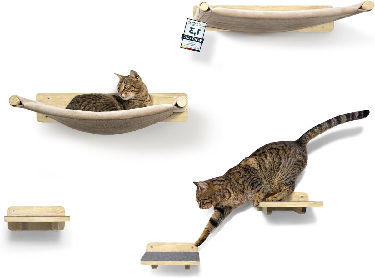 Katten Klimwand Set - Kattenmeubel Wand - Katten Klimplezier - Massief Hout - 62 x 34 x 10 cm - Houtkleur