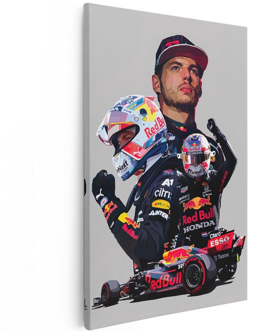 Illustratie van Max Verstappen in racepak met helm en Formule 1 auto van Red Bull Racing.