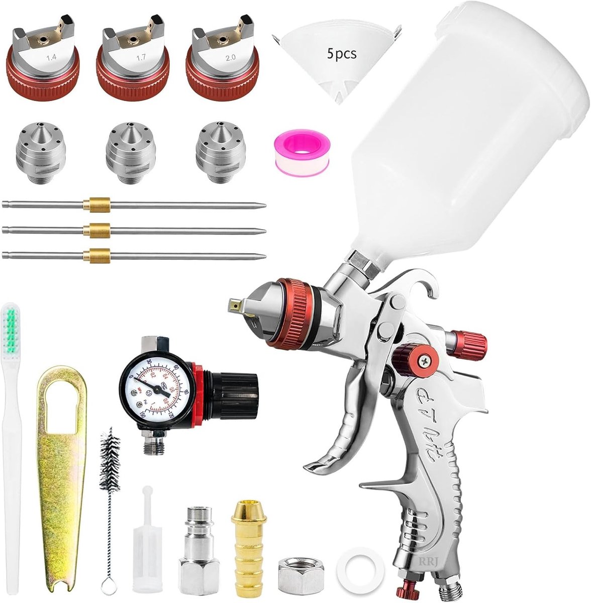 Professionele HVLP Verfspuit met 3 Spuitmonden 1.4/1.7/2.0 mm, 600cc Gravity Feed Set voor Auto en Meubelreparatie