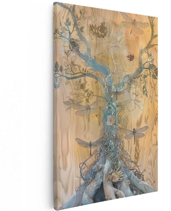 Peinture sur toile détaillée d'un arbre avec des libellules, dessinée sur fond en bois.