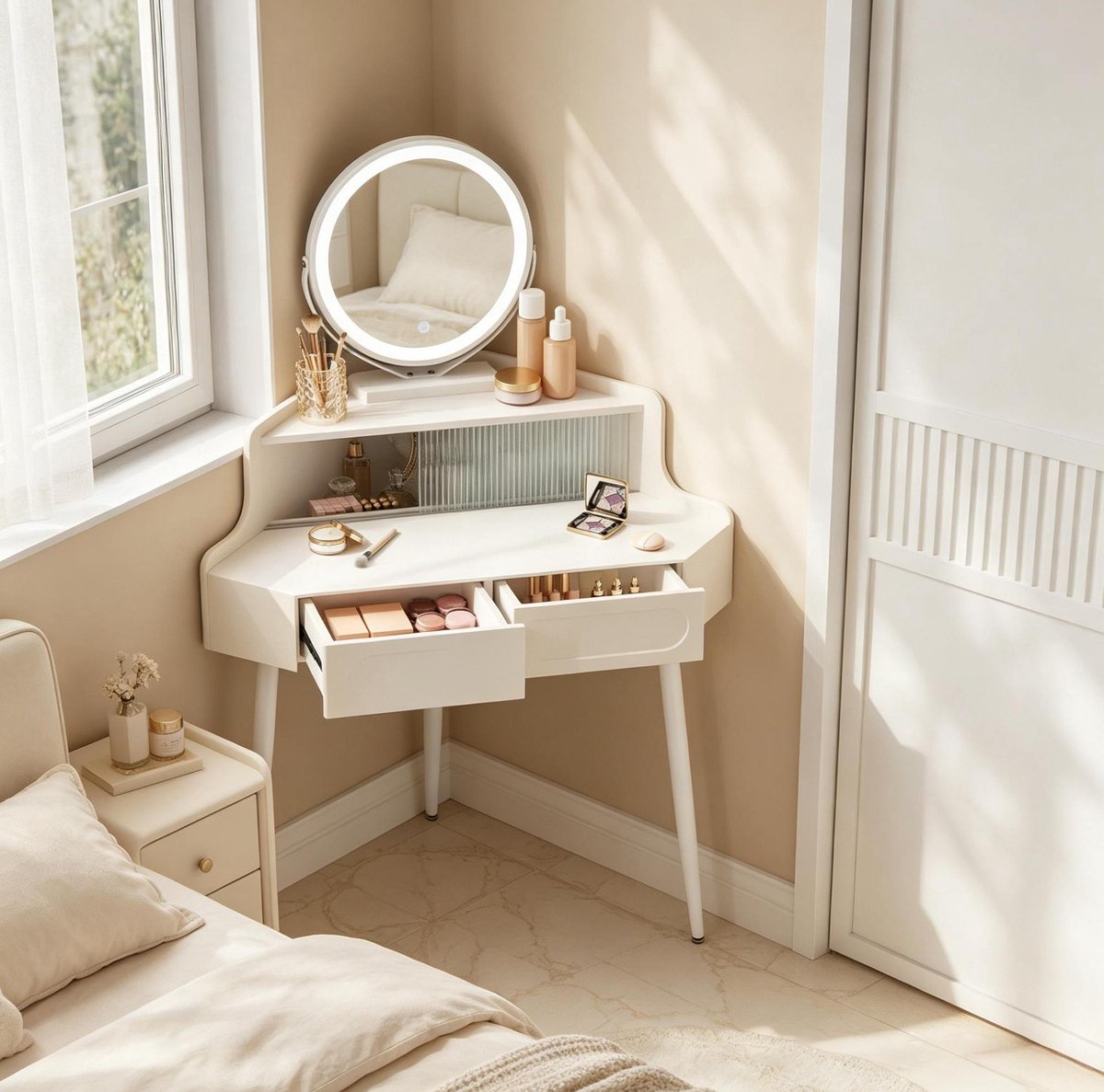 MODENUIT Kaptafel 90 x 139 x 63 cm - Met Ronde Spiegel En Opberglades - Voor Slaapkamer En Kleedruimte - MDF, IJzer En PVC - Wit