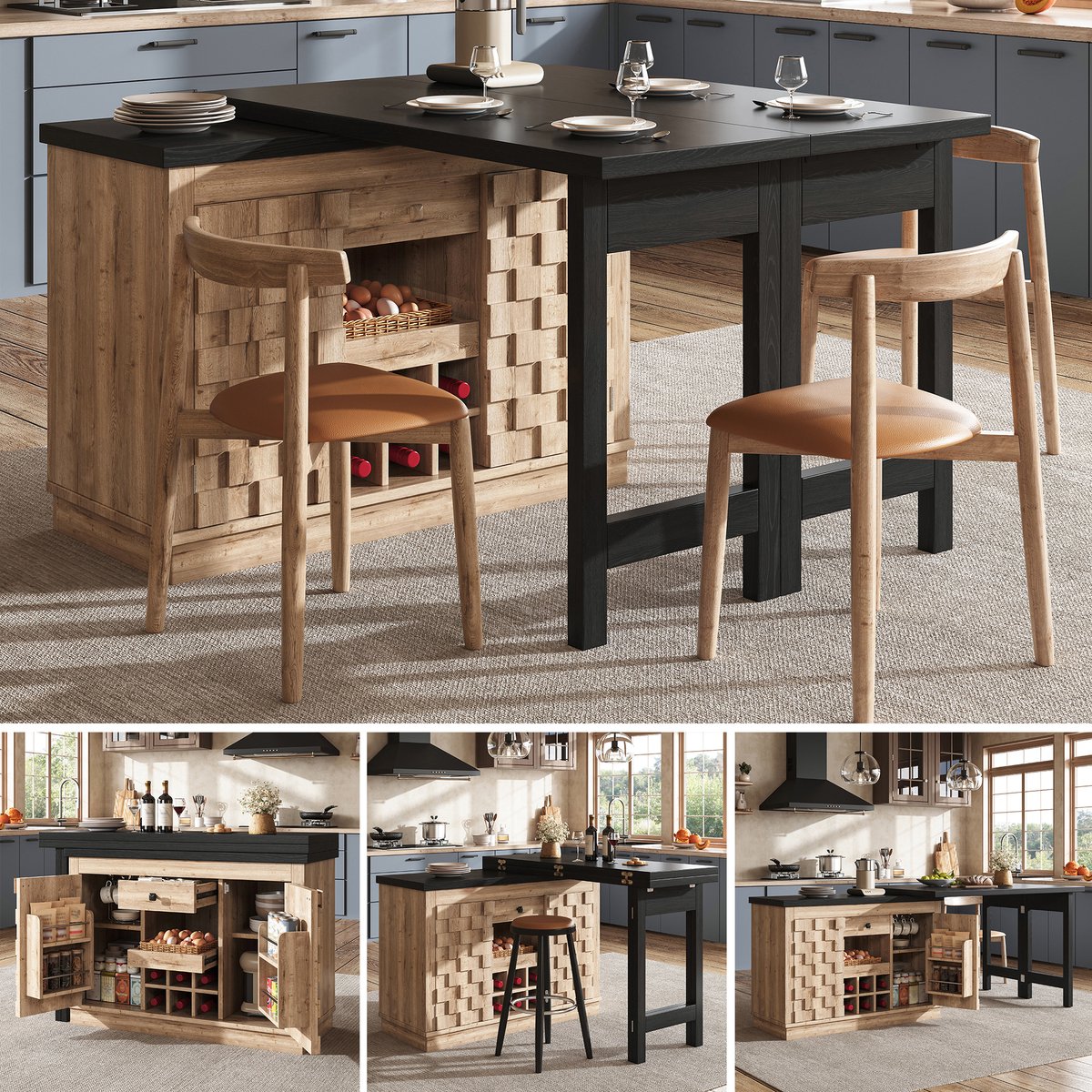 Clruro Keukeneiland - 120-197 x 40 x 74,2 cm - 360° Draaibaar - Lade en Wijnrek - MDF - Eiken/Zwart