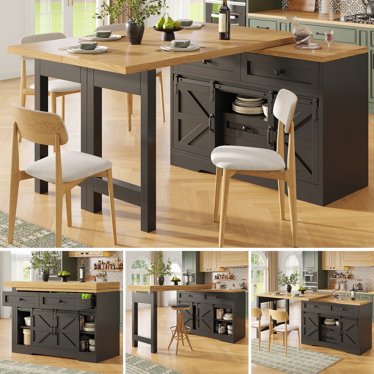 Clruro Keukeneiland - 120-197 x 40 x 72 cm - 360° Draaibaar - Verborgen Laden - MDF - Eikenlook