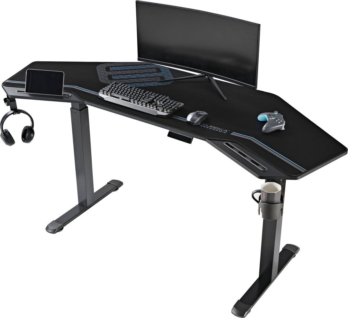 Bureau voor Thuiswerk en Gamingtafel met Twee Motoren en Elektrisch Vleugelvormig Werkblad van 182 × 76 cm - Verstelbaar met RGB-Ledverlichting en Volledige Muismat voor Gaming en Streaming