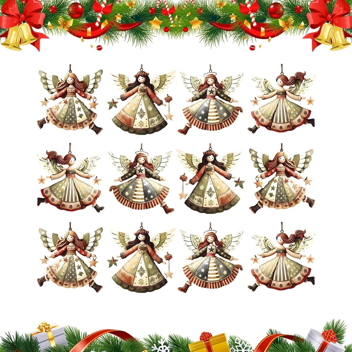 Vintage Houten Engel Hanger - 12 Stuks Mini Kerstboom Ornamenten voor Binnen en Buiten, Feestdecoratie en Kerstversiering