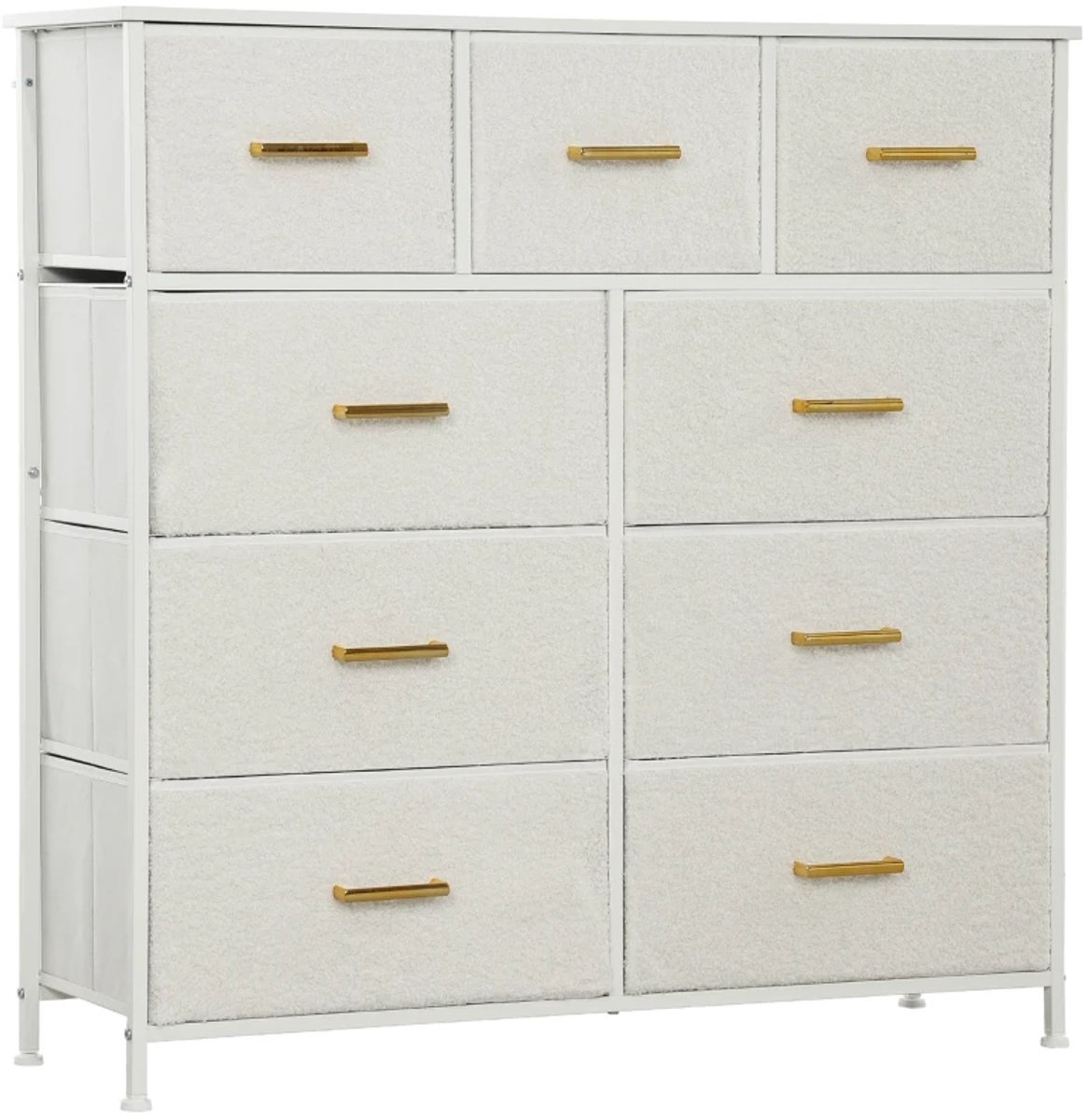 Dressoir - Stoffen Ladekast Met 9 Lades - Stalen Frame - Elegant En Veelzijdig - Wit