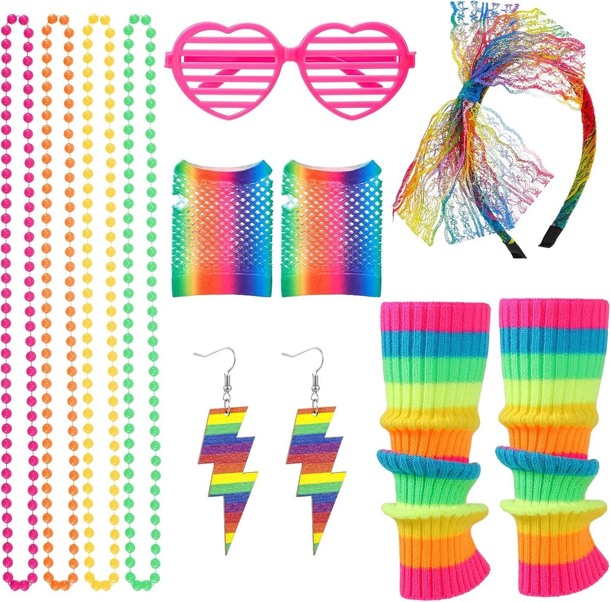 Vrouwelijk avondkleding kostuum uit de jaren 80 en 90 met disco neon stijl, accessoires en sieraden voor Halloween en carnaval
