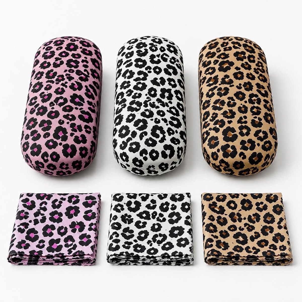 Set van 3 Leopard Patroon Brillenhoezen in Geel, Zwart en Roze met Bijpassende Poetsdoek, Schokbestendige Hard Shell voor Zonnebrillen en Leesbrillen