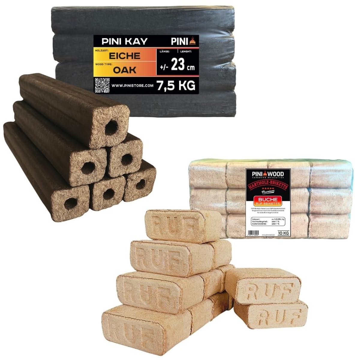 Elzusha - Premium Houtbriketten Set 10 kg Beuken + 7,5 kg Eiken voor Haard en Grill