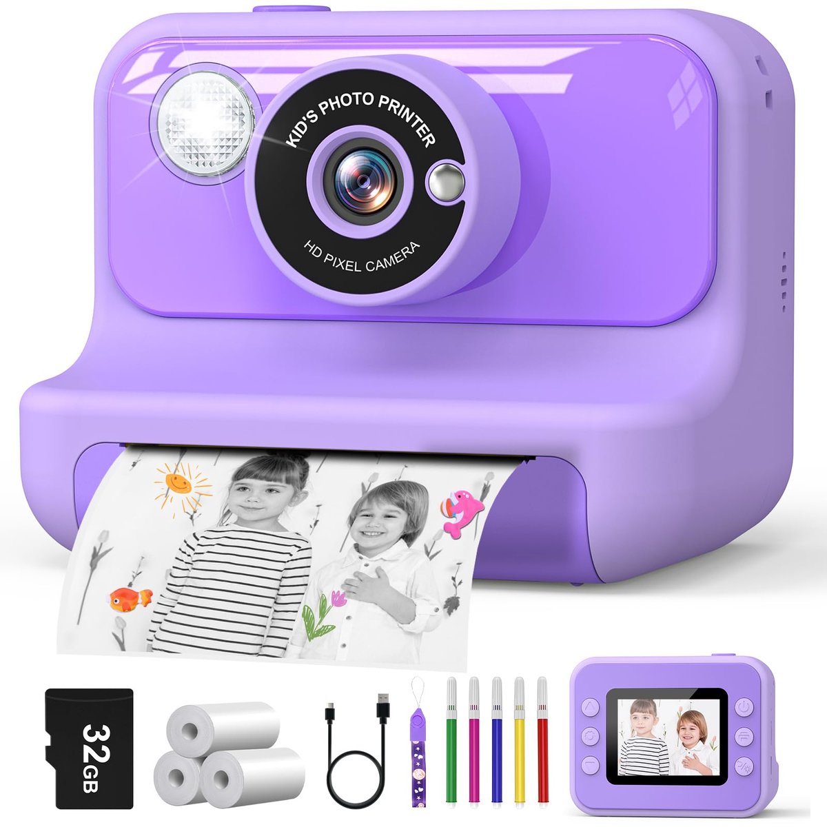 Elzusha- Kindercamera 1080P - Instant Camera met 2,4 inch Scherm - 32 GB Kaart - 3 Rollen Fotopapier - Creatieve Camera voor Kinderen - Cadeau voor 3-12 Jaar - Instantcamera