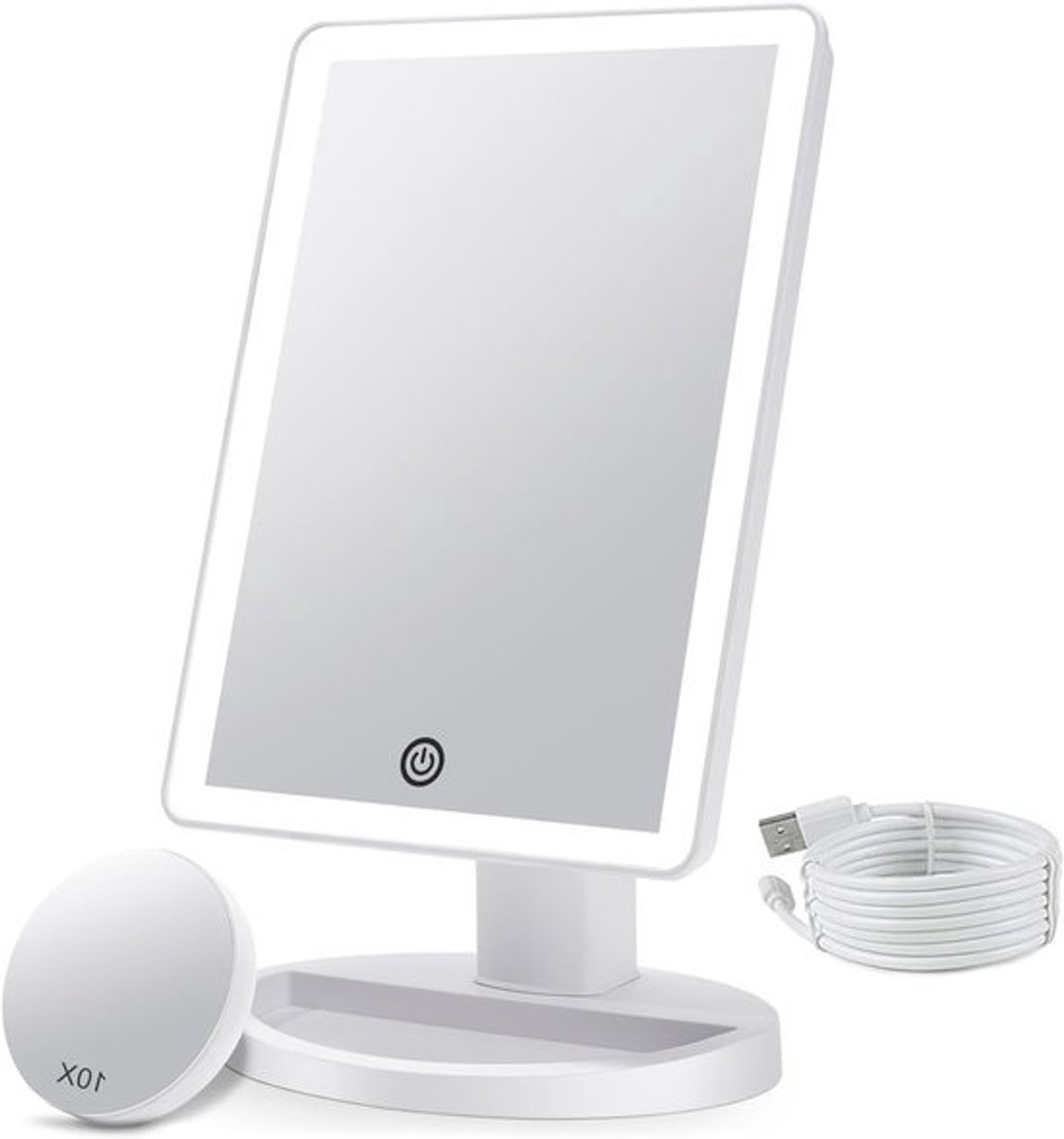 Make-upspiegel met 3 Kleuren Verlichting en Afneembare 10x Vergroting - Dimbare Touch Sensor en 180° Rotatie - Draagbare Cosmeticaspiegel