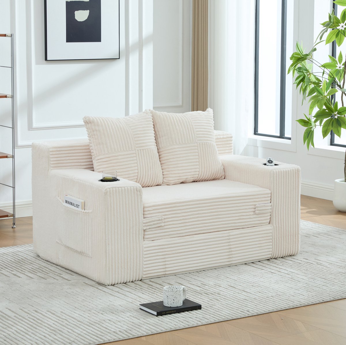 FloraGrace Slaapbank 2-Zits 151 Cm - Uittrekbaar Bed Met 2 Kussens, Bekerhouder En Opbergtas - Voor Woonkamer - Corduroy - Beige