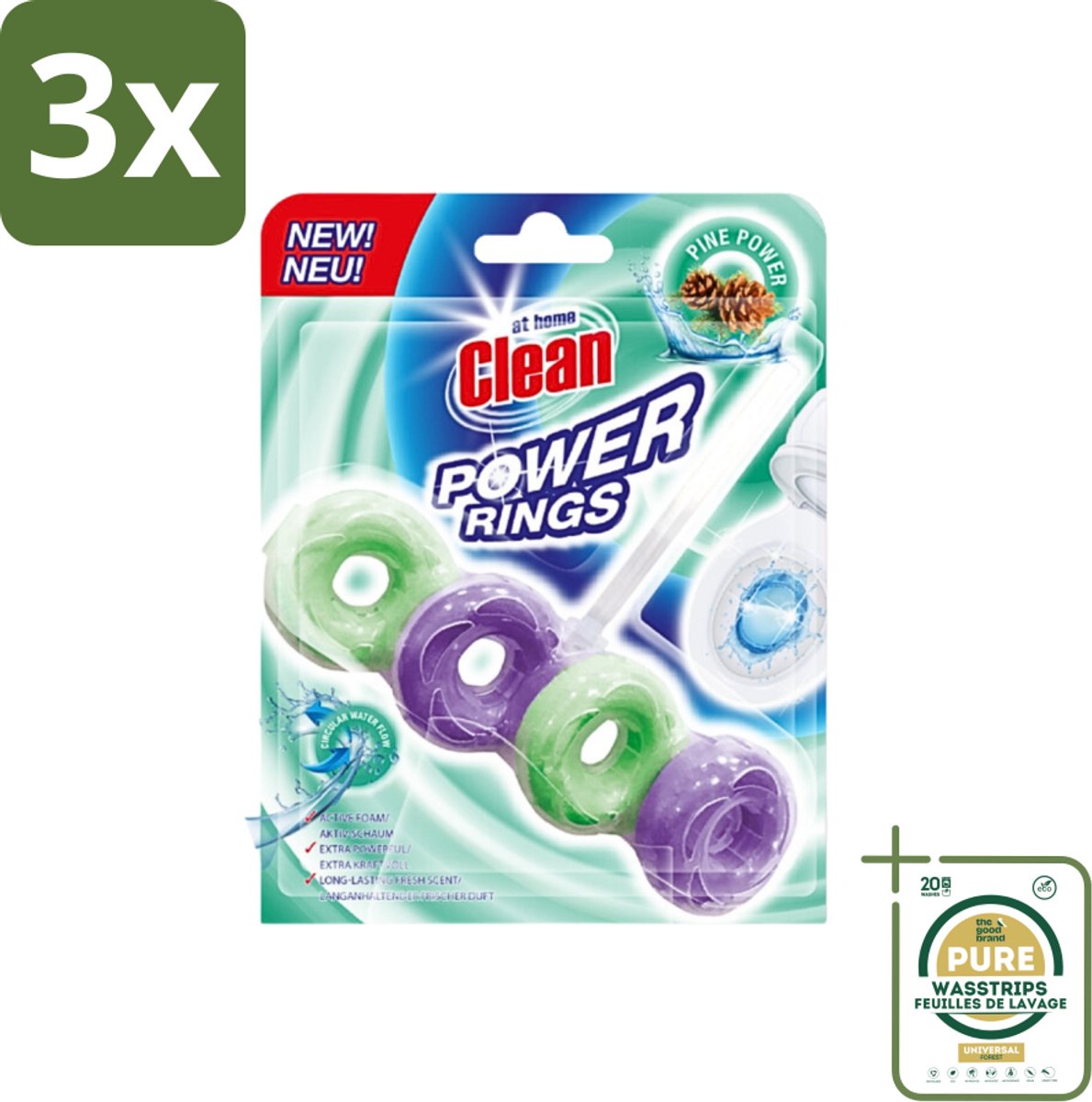 3 x At Home - Clean - Toiletblok - Power Rings - Pine Power - Extra Sterk - 1 Blok - Grootverpakking - Toiletblok - Toilet Reinigen - Frisse Geur - Dennengeur - Toilet Hygiëne