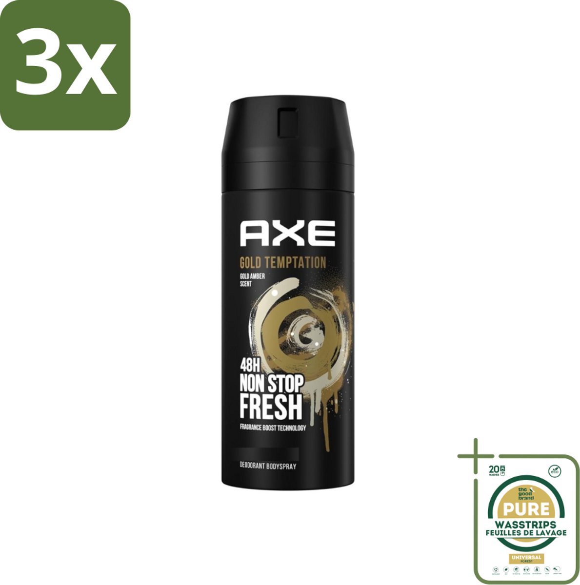 3 x Axe - Deodorant Bodyspray - 48hrs Non Stop Fresh - Gold Temptation - Gold Amber - 150 ml - Grootverpakking - Deodorant Bodyspray - Frisheid - Geur - Citrus - Kruiden