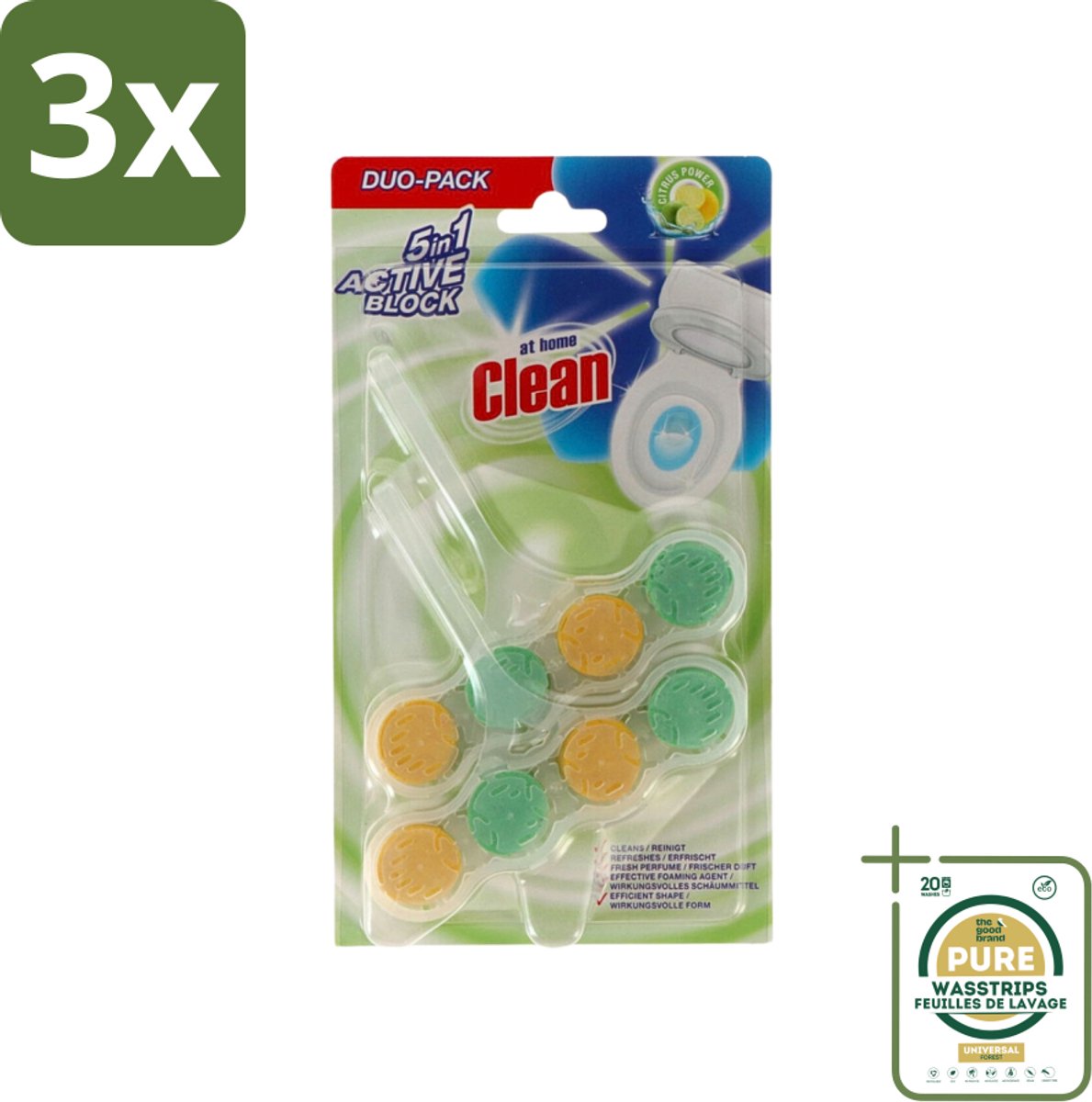3 x At Home - Clean - Toiletblok - 5in1 Active - Citrus Power - Neutraliseert & Reinigt - 2 Blokken - Grootverpakking - Toiletblok Citrus - Toilet Reinigen - Toilet Reinigingsmiddel - Toilet Schuim - Toilet Fris